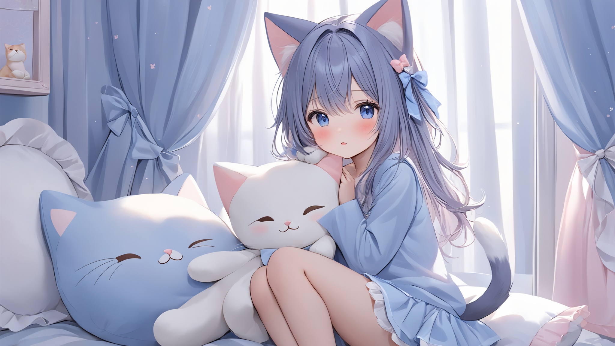 1girl, animal ears, bloomers, blue eyes, blush, cat ears, cat girl, cat tail, curtains, hair ornament, long hair, pillow, sleeves past wrists, stuffed animal, stuffed cat, stuffed toy, tail, underwear