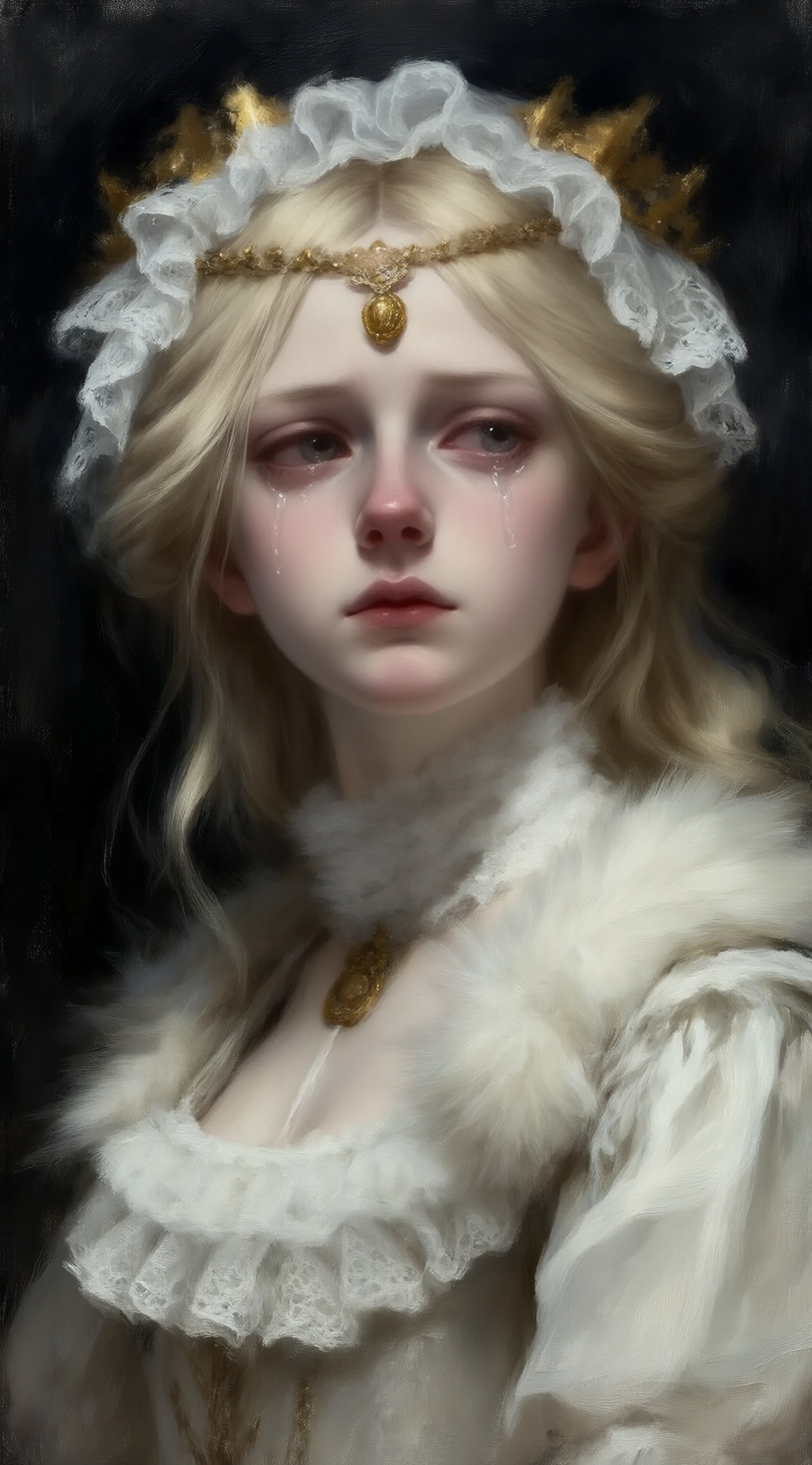 a realistic digital painting of a young woman with pale skin and long blonde hair, wearing a white lace dress with a fur collar and a gold headpiece adorned with a golden pendant, the woman, who appears to be in her early twenties, is positioned in the middle of the image, looking directly at the viewer with a serious expression and tears streaming down her face, her hair is styled in loose waves and falls down her back, framing her delicate features, she is wearing a delicate white lace headpiece with a gold crown and a white fur collar, adding to her elegant and regal appearance, the background is a dark, textured black, which contrasts with the soft and muted tones of the painting, creating a sense of depth and dimensionality, the lighting is soft and diffused, highlighting the womans delicate features and the intricate details of her outfit,, Negative prompt: ng_deepnegative_v1_75t,(badhandv4:1.2),EasyNegative,(worst quality:2),,nsfw, Steps: 30, Sampler: Euler, CFG scale: 4.0, Seed: 2160476173, Size: 1142x2048, Model hash: 98763a1277, Model: Qwen-Image_1.0.safetensors, Denoising strength: 0, RNG: CPU, Lora 1: ZOZ_湿润特效, Lora Hash 1: 36836624eb, Lora Weight 1: 0.8, vae_name: automatic