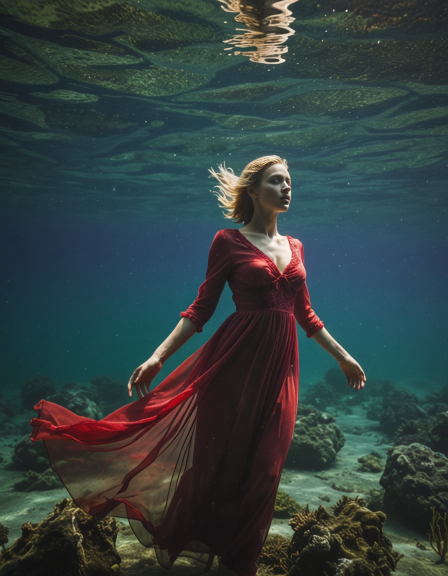 a blonde woman with a red dress diving underwater,  floating horizontelly underwater,  floating in the mass of water on Te...