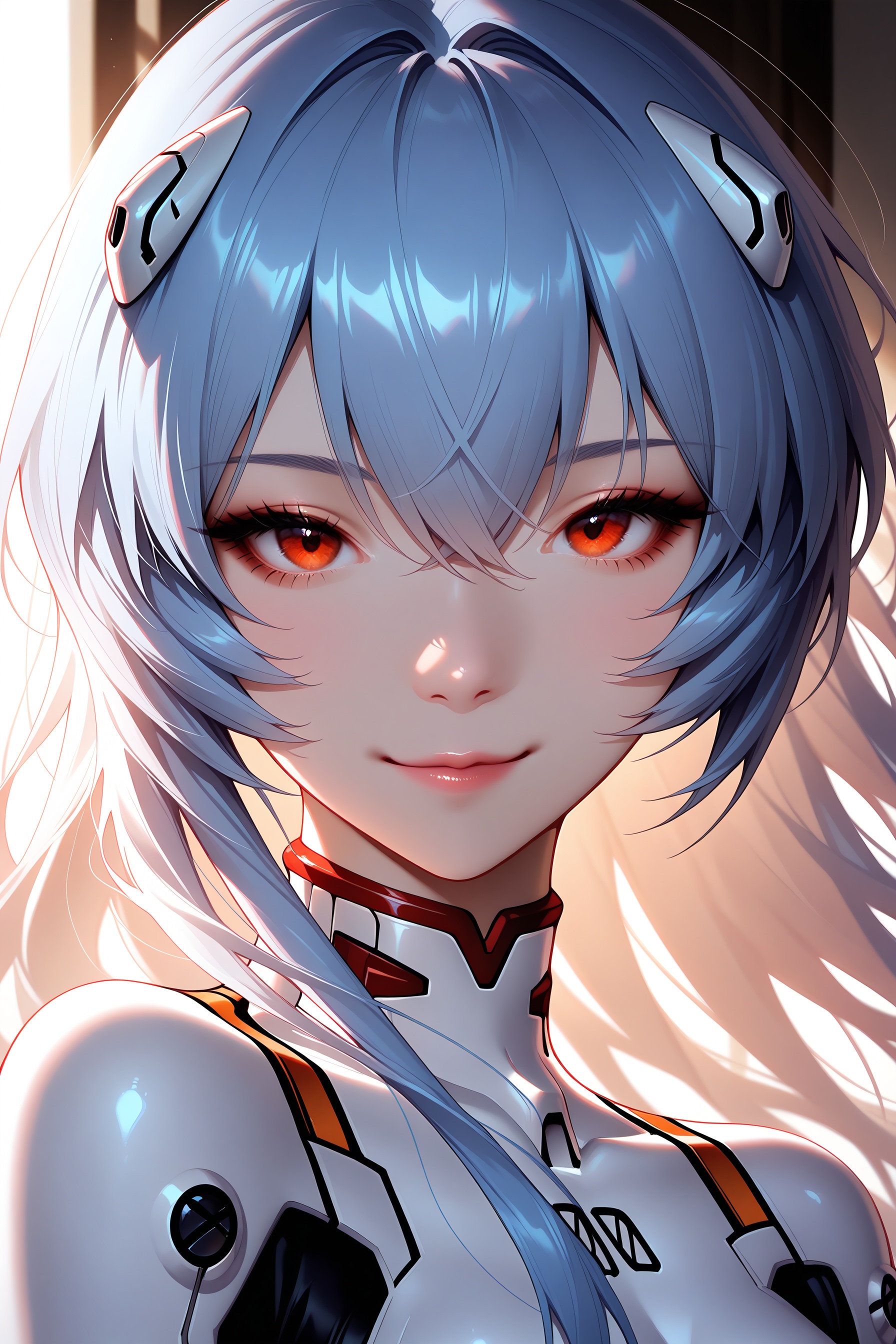 masterpiece,very awa,best quality,amazing quality,very aesthetic,absurdres,newest,intricate details,skindentation,realistic,1girl,solo,eyelashes,smile,looking at viewer,portrait,seductive smile,provocative,floating hair,small breasts,Ayanami Rei,bodysuit,