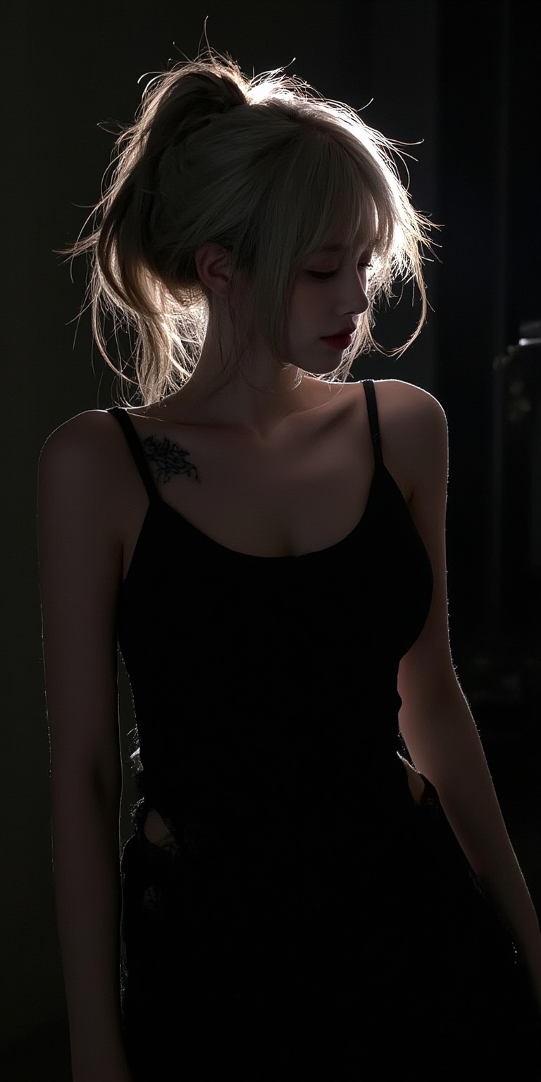 1girl,big breasts,unbuttoned clothes,ultra wide field,ultra dynamic lighting amazing shadows,Deep photo,depth of field,shadows,messy hair,seductive silhouette play,dark,nighttime,dark photo,grainy,dimly lit,shot on RED camera,harsh camera flash ((eyes closed)),white hair,white_marble_glowing_skin,backless_dress,tattoo,Rose,tattoo on the arm is the focus,