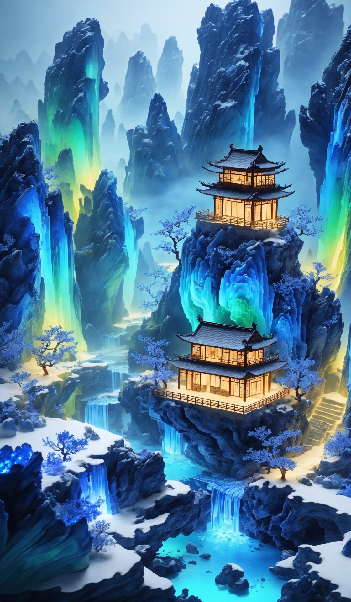 Micro landscape, Chinese three-dimensional landscape painting, Zen aesthetics, Zen composition, Chinese architectural complex, blue copper mine, peacock green, flowing particles, macro lens, rich light, glowing mountains, high mountains, clouds, minimalism, ultimate details, unparalleled details, electric effects, realism, 3D rendering, fine details