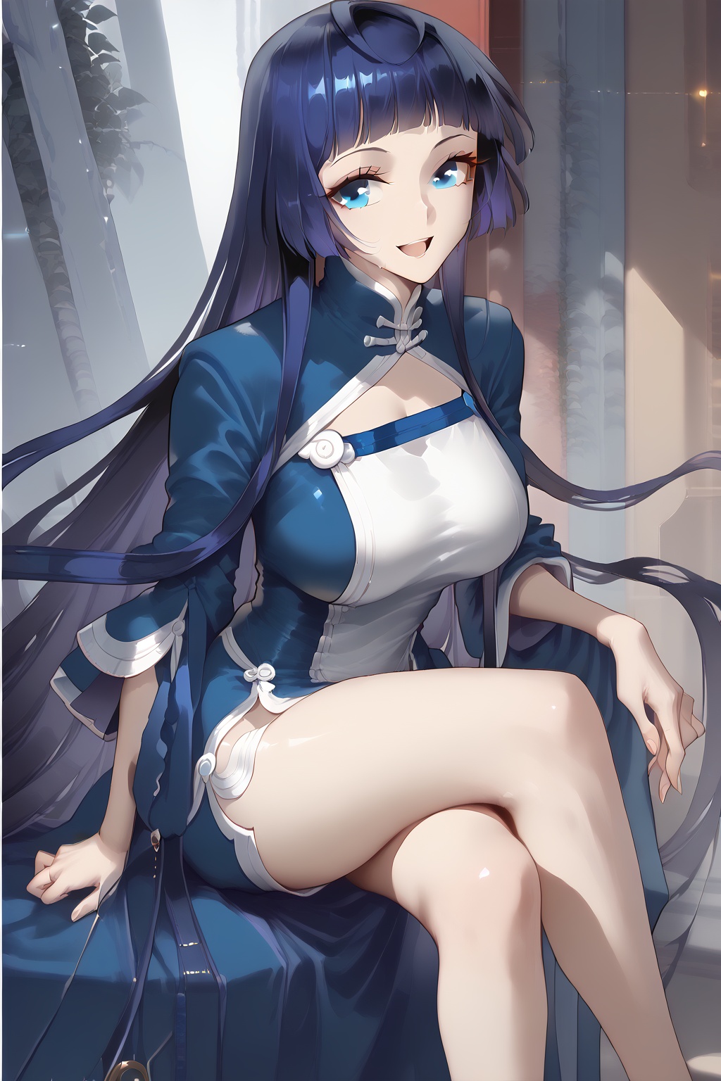 <lora:CCFC_0.3v:1>,<lora:熏儿pony:1>,xe,1girl,solo,long hair,breasts,looking at viewer,smile,open mouth,bangs,blue eyes,dress,very long hair,blue hair,blunt bangs,big breasts,sitting,crossed legs,