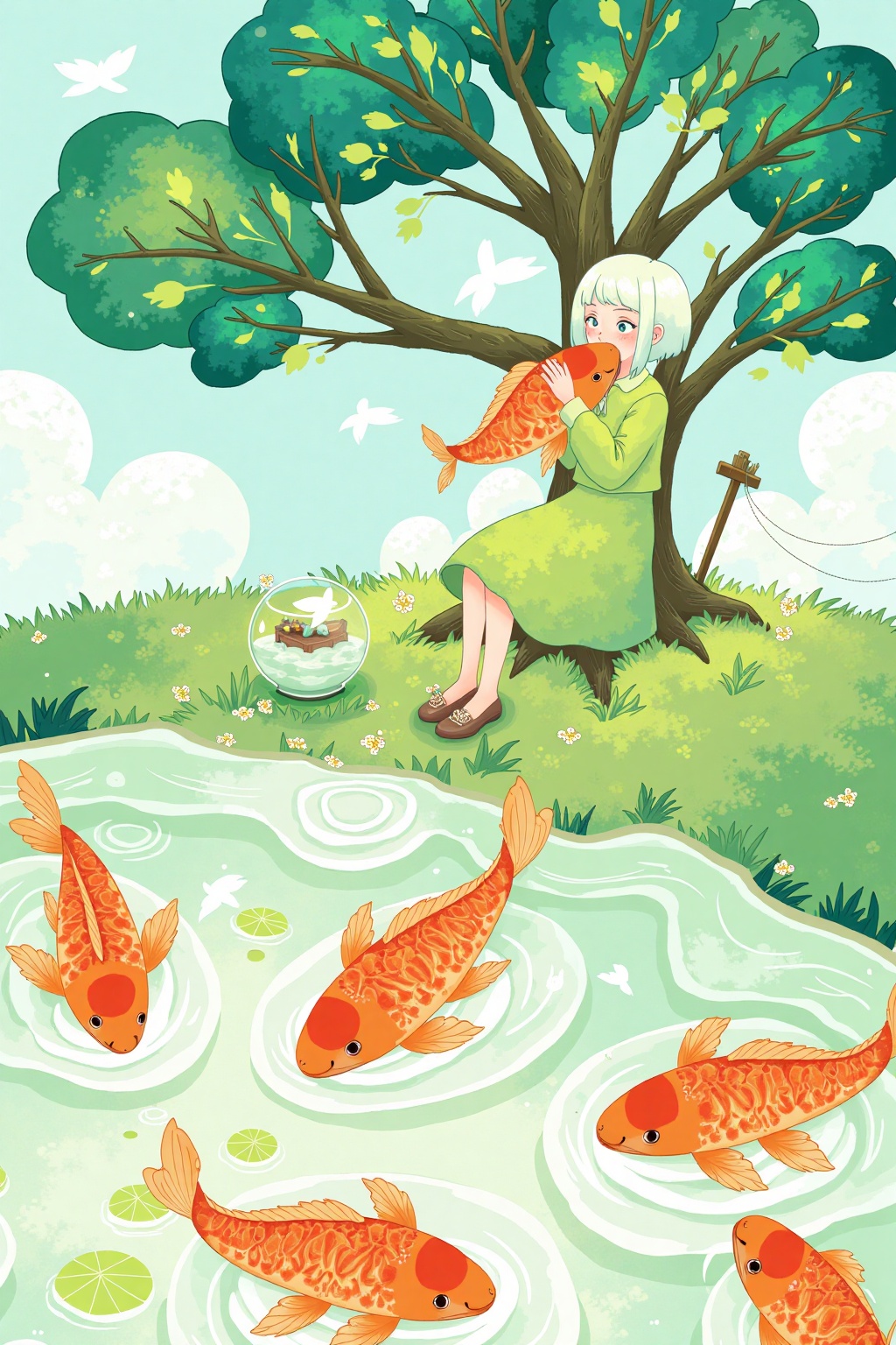 original,tree,green dress,bird,koi,koi fish,koi pond,short hair,nature,white hair,water,female solo,dress,long sleeves,fish,watercraft,holding,holding fish,sfw,fish bowl,outdoors,koi (fish),1girl,day,watercraft on water,scenery,holding fish,holding fish in mouth,watercraft on water,trees,mouth hold,