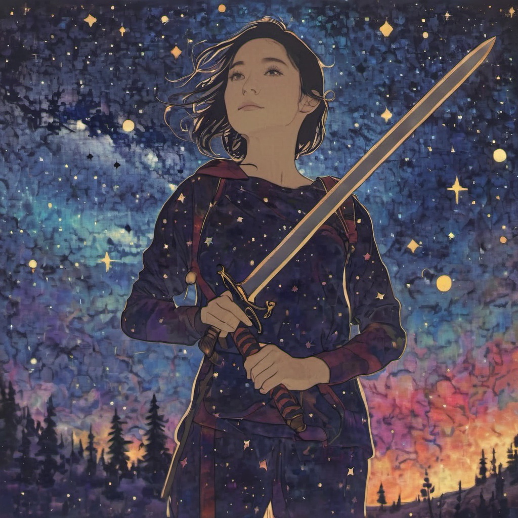 <lora:ukiyo-e_xl_v2:1>,the background is a starry night sky,a silhouette of a girl holding a sword,a brightly colored sword t which maps the starry sky and the milky way inside,halo,ethereal,