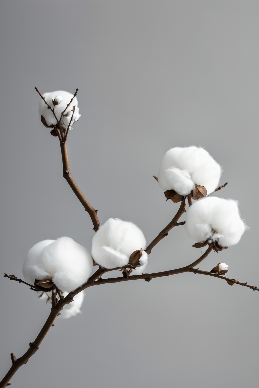 Still life photography,a minimalist arrangement of cotton plant branches with fluffy white cotton bolls. The branches are thin and delicate,with the cotton bolls attached in clusters. The backdrop is a plain white,highlighting the natural beauty of the cotton,, masterpiece,best quality,