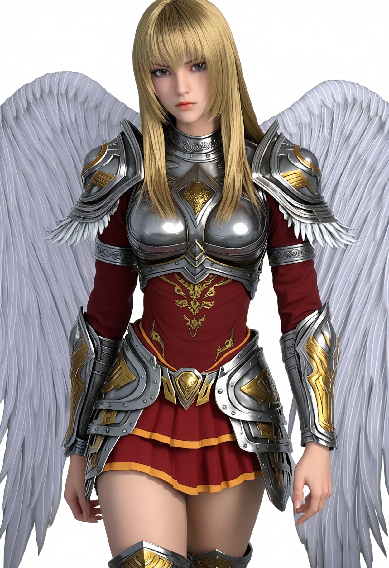 score_9,high detail,best quality,shiny skin,shiny,tianshiyan,1girl,solo,brown eyes,blonde hair,long hair,armor,shoulder armor,closed mouth,lips,angel wings,white background,breastplate,realistic,skirt,boots,simple background,looking at viewer,thighs,<lora:QQSponytianshiyanV1:0.8>,<lora:Pony_DetailV2.0:0.8>,<lora:皮肤凹痕:0.1>,