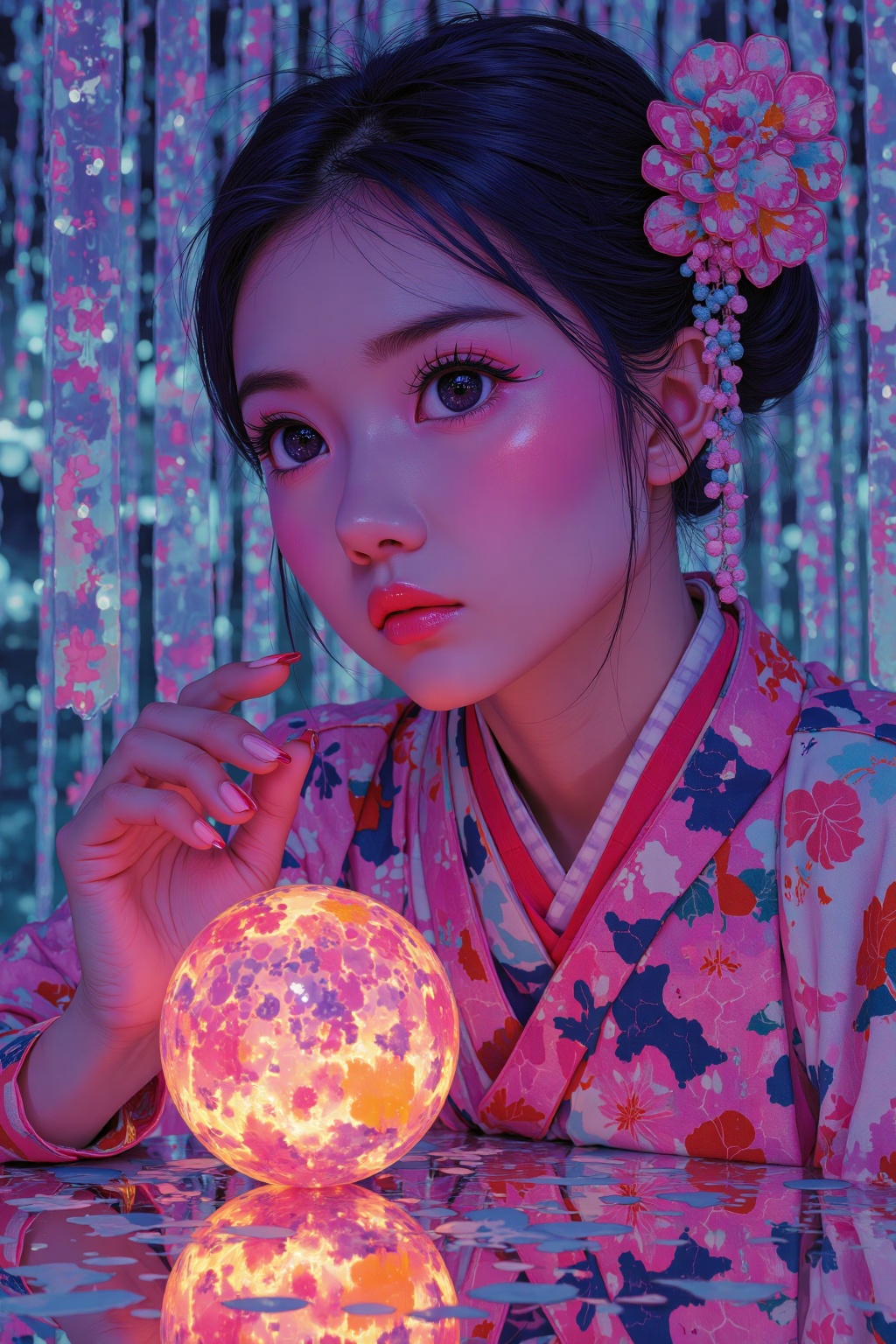 beijihui,Futuristic geisha gazing into a glowing orb,neon reflections,soft-focus background,minimal composition,
