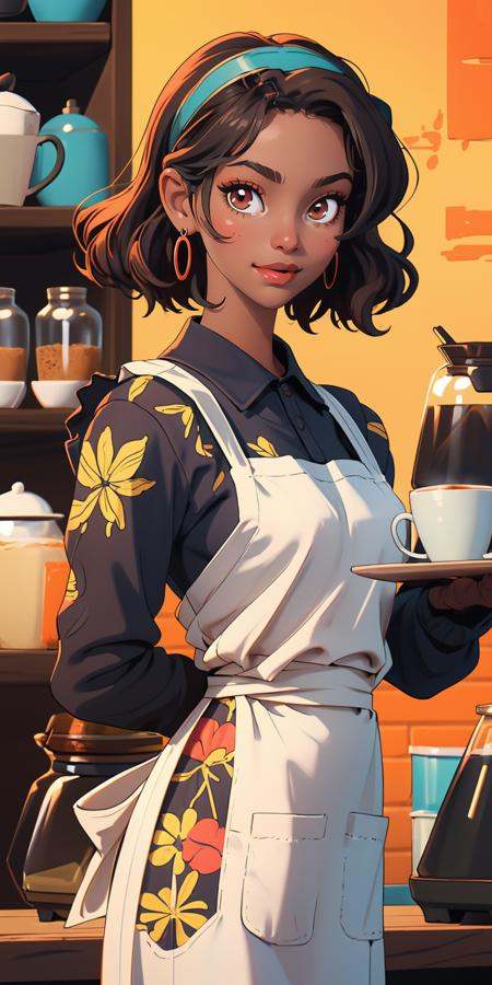(masterpiece, best quality), 1girl, (curly hair), short hair, cafe, barista, dark skin, happy, looking at viewer, hairband, waist apron, earrings, upper body, ((intricate, print)), 