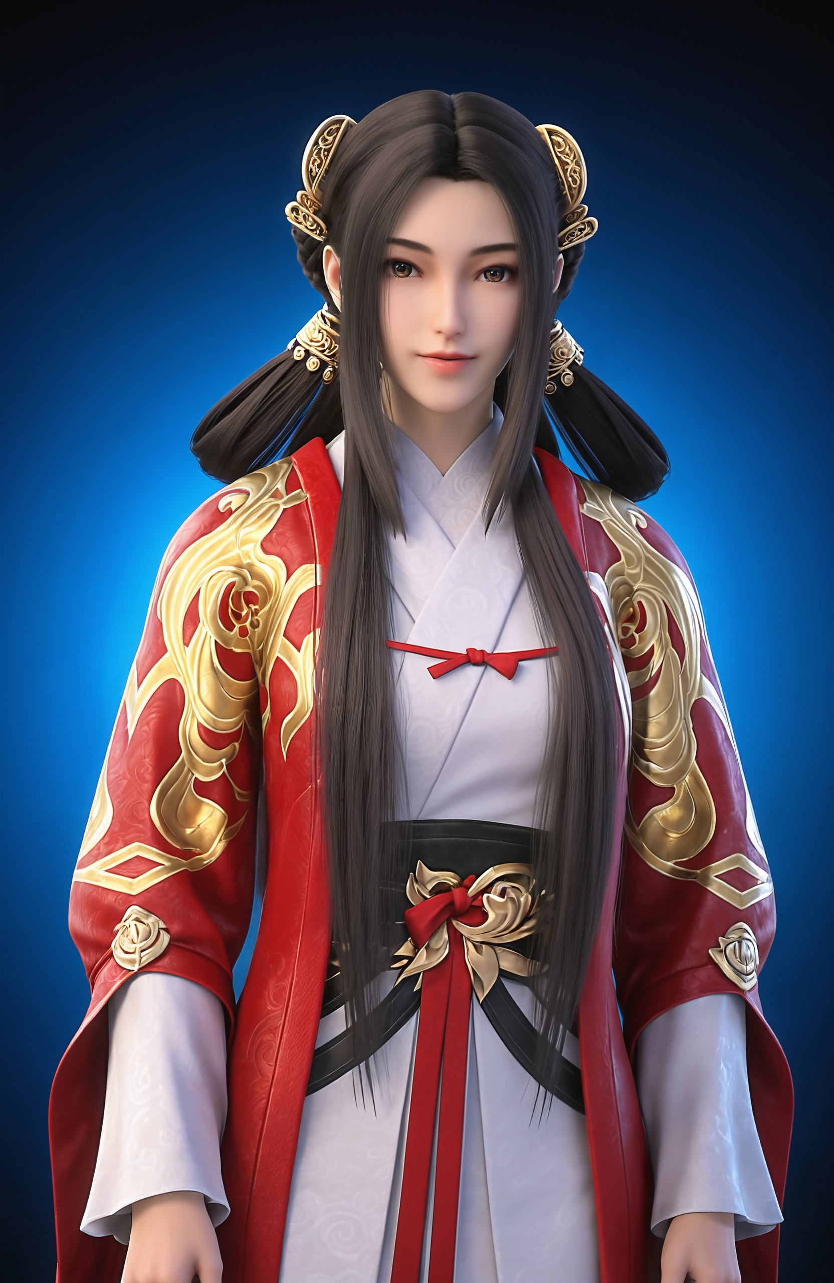 <lora:完美世界-秦怡宁Pony:0.8> 1girl, long hair, hair ornament,  brown eyes,black hair, hair rings, long sleeves, chinese clothes,  red robe,white dress,sash,white footwear,, realistic style photo,outstanding style,adding a touch of dimension to your images without compromising details,whirls of vapor,ethereal ambiance,delicate details,magical atmosphere,concept art,highly detailed,ultra-high resolution,32K UHD,sharp focus,best-quality,masterpiece,golden hour,unconventional supreme masterpiece,masterful details,temperate atmosphere,with a high-end texture,in the style of fashion photography,magazine style,Dynamic Angle,Dynamic posture,(cowboy_shot:1.2),depth of field,lens flare,extreme aesthetic,masterpiece,best quality,good quality,newest,year 2025,very aesthetic,absurdres,Visual impact,A shot with tension,ultra-high resolution,32K UHD,sharp focus,best-quality,masterpiece,Emotionalization,unconventional supreme masterpiece,masterful details,temperate atmosphere,with a high-end texture,in the style of fashion photography,(Visual impact:1.2),giving the poster a dynamic and visually striking appearance,, solo,upper body,looking at viewer,gradient background,gradient,blue background,black background,