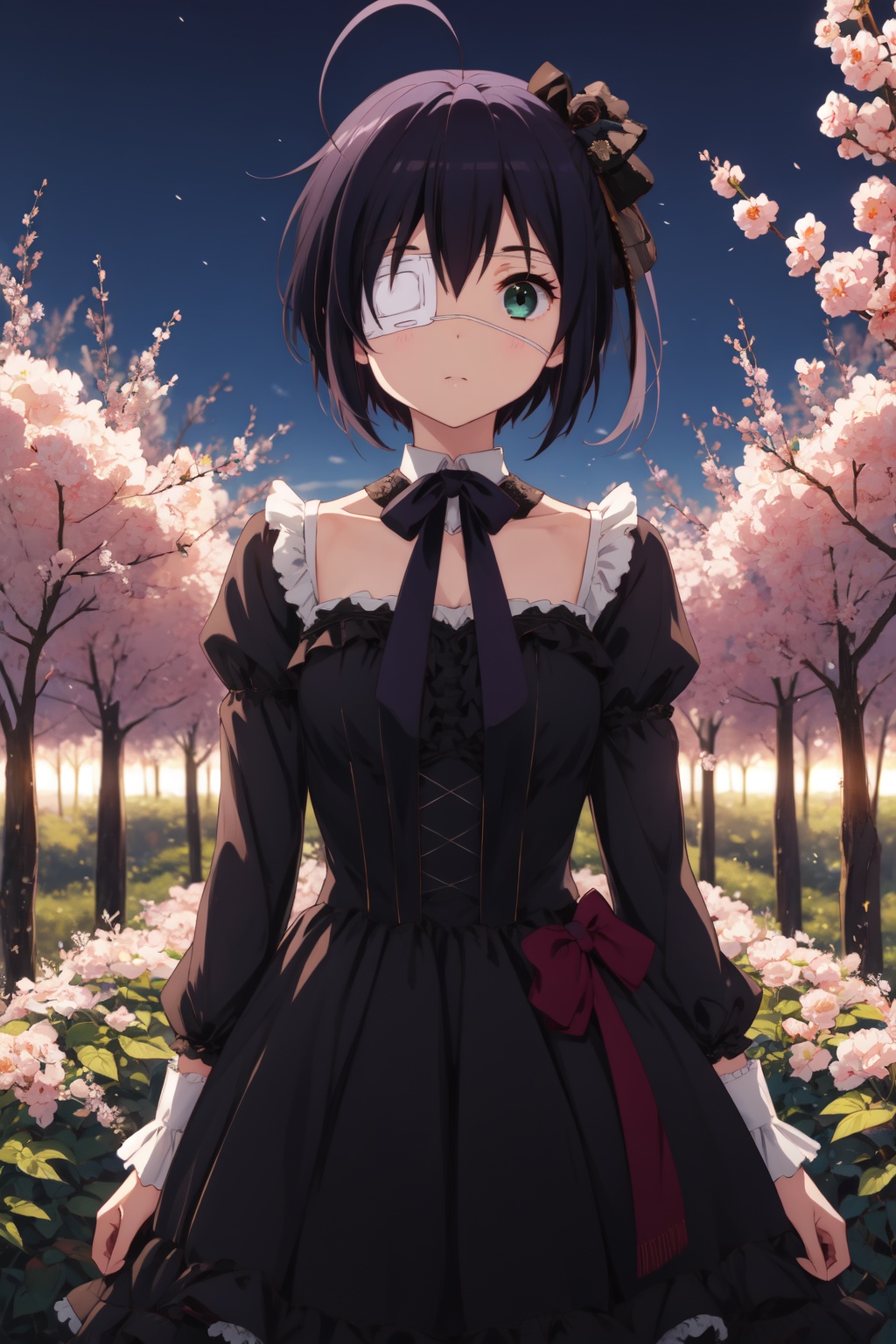 <lora:Rikka-000006:0.8>,Rikka CYQL,1girl,looking at viewer,solo,black hair,short hair,ahoge,ribbon,one side up,green eyes,eyepatch,medical eyepatch,dress,lolita fashion,long sleeves,crazy_smile,full_shot,Orchard, Apples, Blossoms, Spring, Trees, Colors, Serenity, Harvest,(Alpine flowers, Mountain peaks, Alpine meadow, Summer blooms, Alpine landscape, Mountain breeze:0.5),beautiful detailed sky,beautiful detailed glow,posing in front of a colorful and dynamic background,masterpiece,best quality,beautiful and aesthetic,contrapposto,female focus,wallpaper,