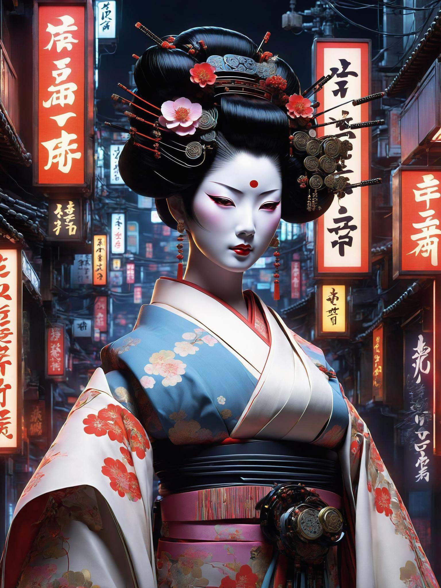 Amidst the labyrinthine alleyways of Neo-Tokyo,  a geisha,  enhanced with cybernetic implants on Tensor.Art