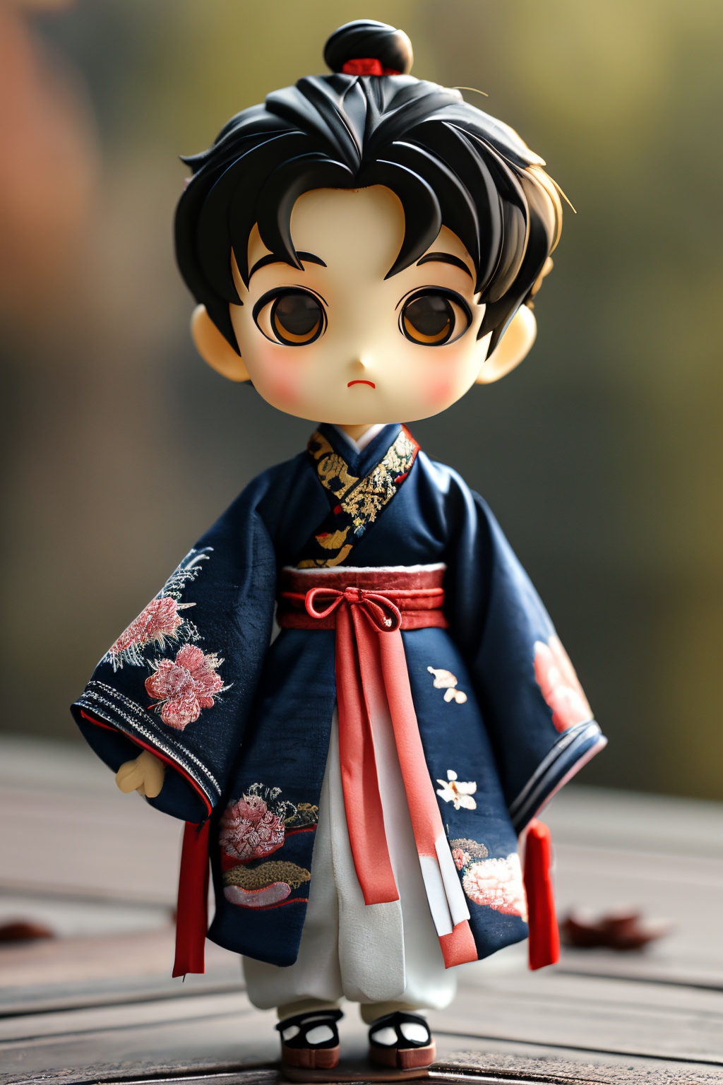PPMT01,1boy,solo,looking at viewer,long sleeves,black hair,blurry background,full body,standing,sleeves past wrists,chinese clothes,chibi,<lora:PPMT1.5-000008:0.8>,, masterpiece, best quality,