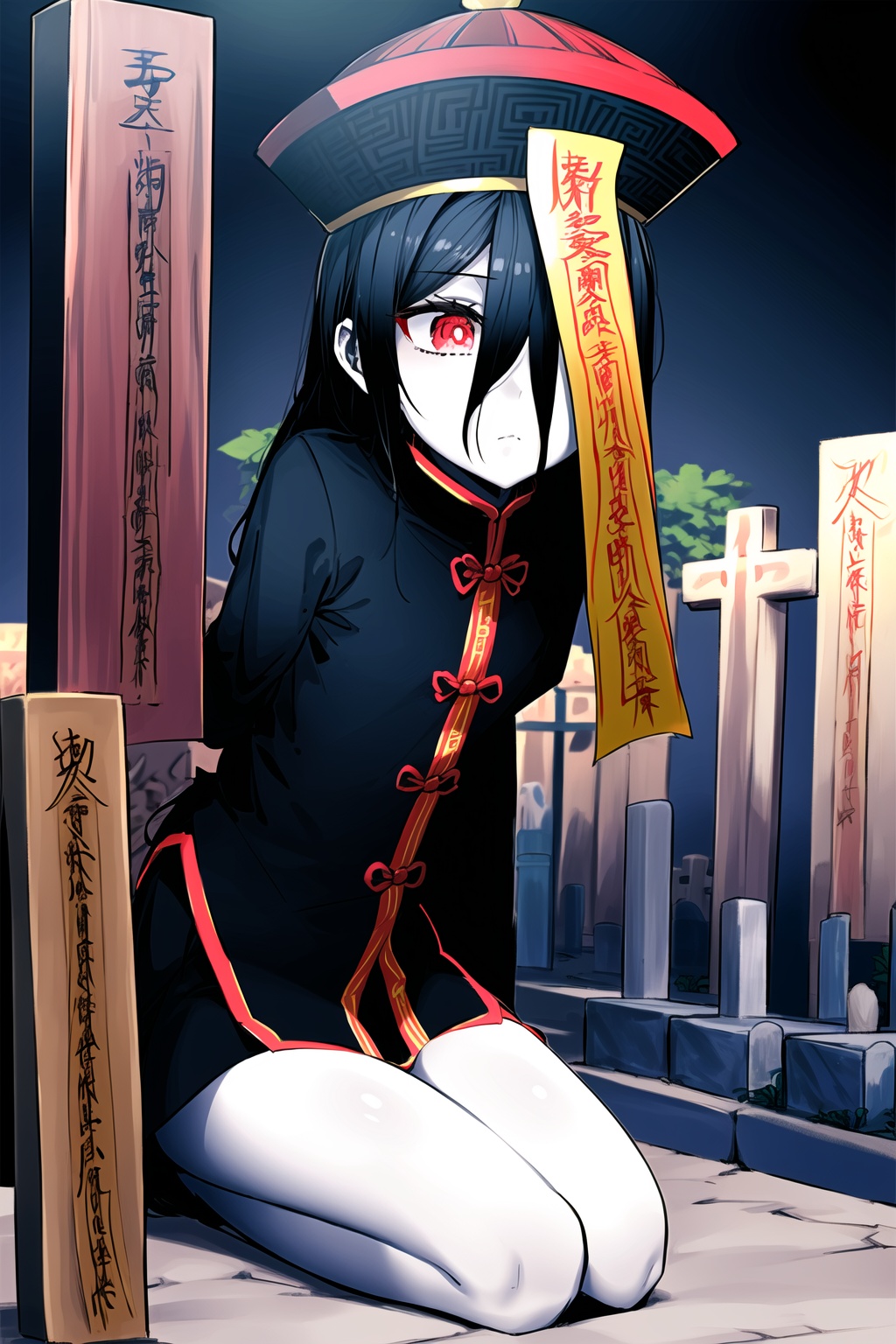 1girl,wsjs,jiangshi,chinese zombie,empty eyes,spell,jiangshi costume,look at different places with both eyes,in the cemetery,pale skin,the whole body,