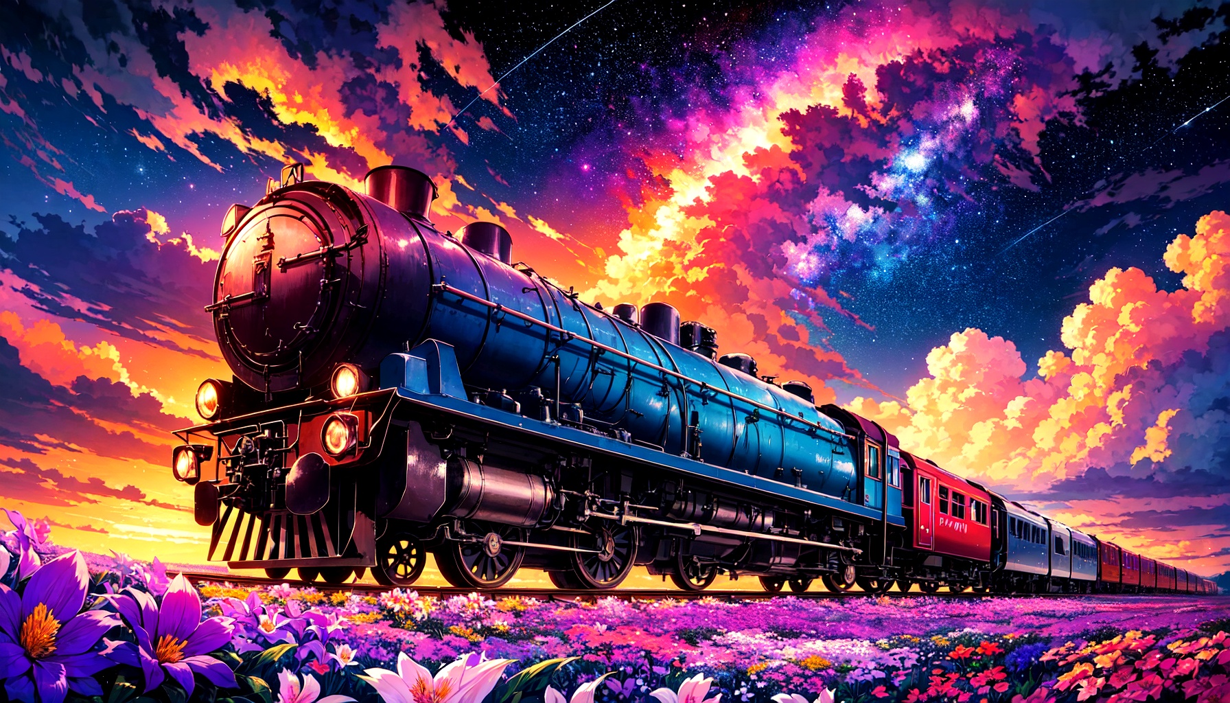Hyperrealistic train detailed with blooming flowers,  ethereal cloud animals with shimmering outlines,  passengers gazing...