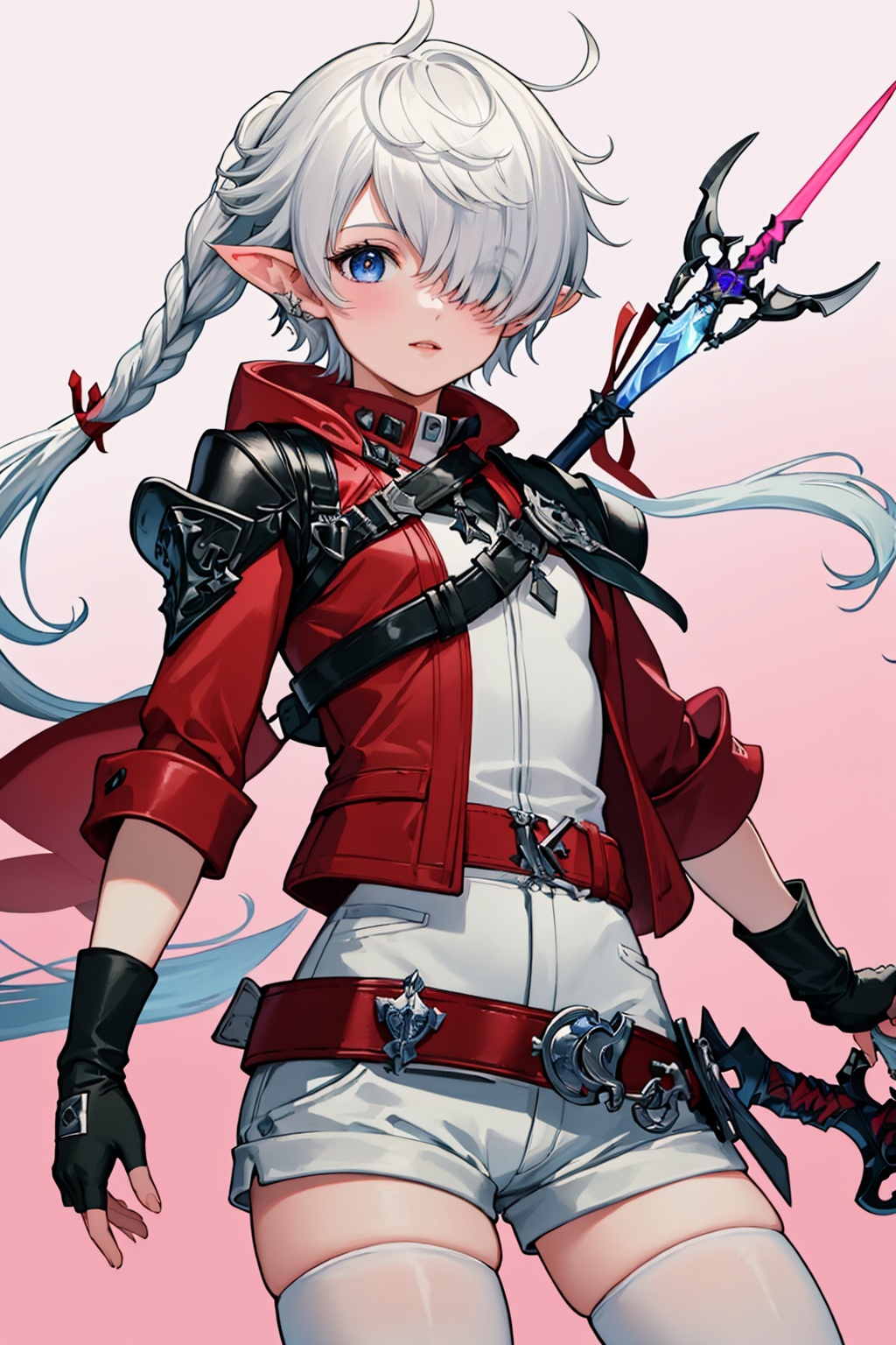 masterpiece,best quality, highly detailed, alisaie leveilleur,1girl, elezen, solo, fingerless gloves, sword, red jacket, looking at viewer, glowing sword, braid, hair over one eye, red gloves, belt, red bow, hair ribbon, white shorts, hair bow, red background, white thighhighs, pink rose,<lora:alisaie_leveilleur:1>