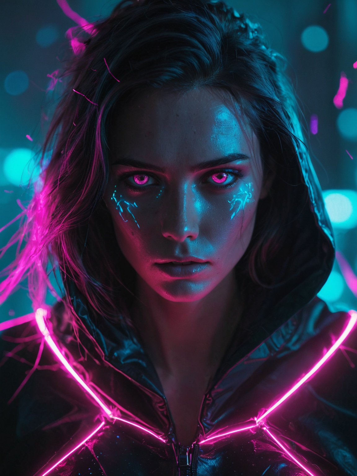 glowneon,  cinematic film still,  woman with glowing eyes on Tensor.Art