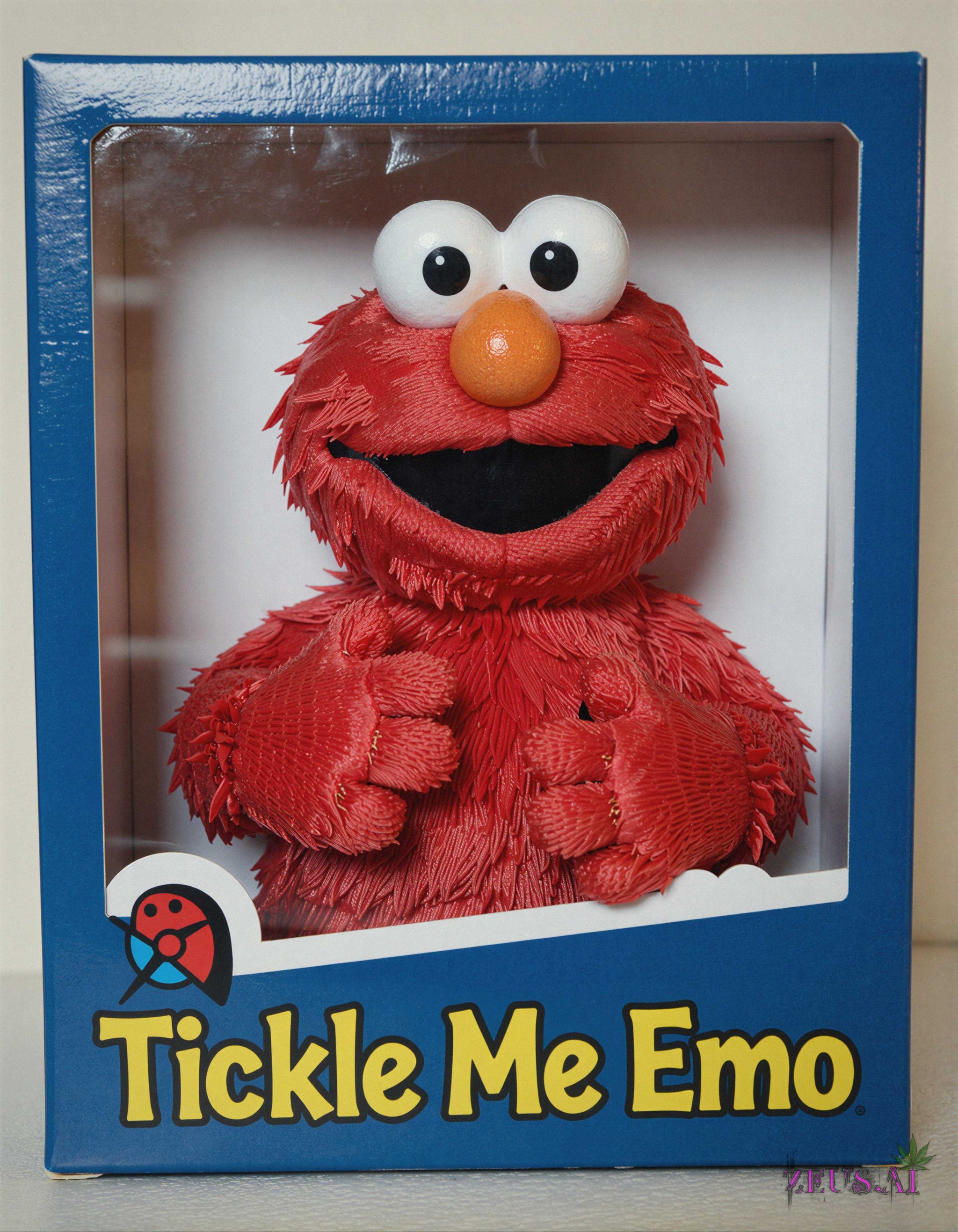 This is a "tickle me elmo" in its original box. I want you to rename it to "Tickle Me Emo",  give everything an Emo theme,...