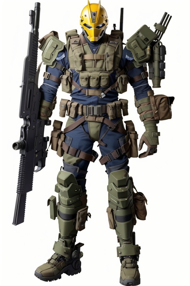 ((HRD, HUD, 8K)),((masterpiece, best quality)), highly detailed, soft light,Mecha, weapon, gun, solo, 1boy, pouch, holding, holding weapon, male focus, holding gun, yellow eyes, armor, helmet, handgun, white background, knife, assault rifle, rifle, science fiction, power armor, grenade, standing, full body, <lora:20240427-1714184585124:0.8>