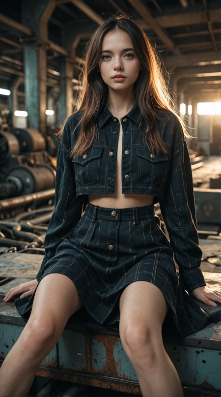 masterpiece, detailed_eyes, high_quality, best_quality, highres, absurdres, 8k,  1boy, solo, sitting, industrial area background, backlight, high fashion outfit, long hair, fashion model, depth of field, clean composition