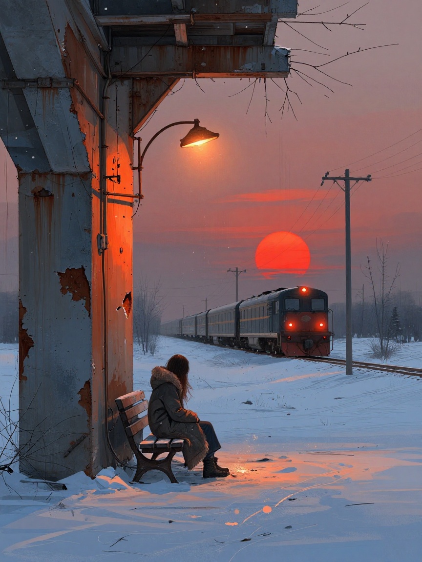 Tuarichit art style. In this hauntingly poetic cinematic frame,  a lone figure with long dark hair sits hunched on a snow-...