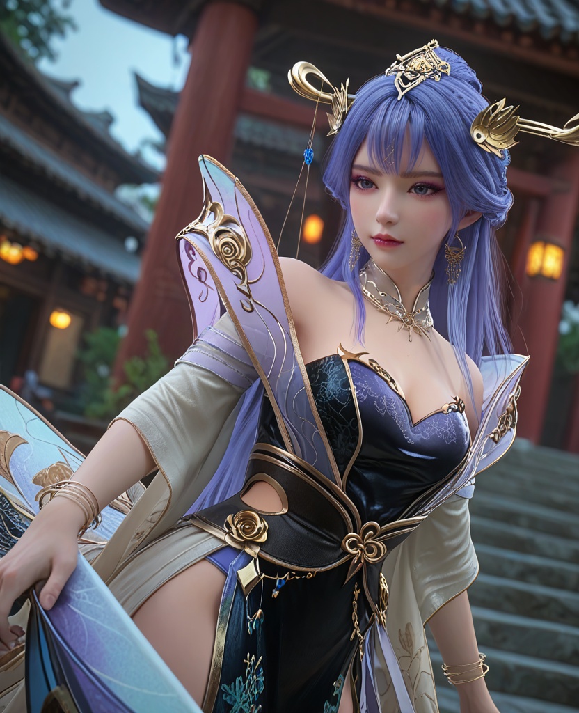 (oriental architecture, elegant decor, sophisticated style:1.1),(surfing,bottom turn:1.1),(breasts:1.2),<lora:XL百炼成神天穹:0.9>,miss tianqiong,jewelry,long hair,hair ornament,bangs,blue hair,dress,earrings,bare shoulders,purple eyeshadow,blue eyes,bracelet,cleavage,boots,detached collar,, zPDXL2, score_9, score_8_up, score_7_up BREAK realistic, masterpiece,best quality, highly detailed,, zPDXL3, zPDXL2,zPDXL, zPDXLxxx, zPDXLrl,