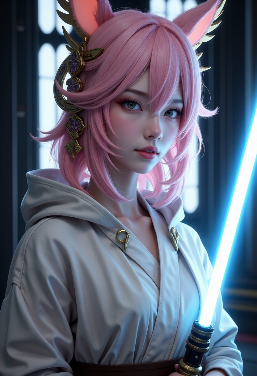 FluxYaeMiko,  A calm yet resolute Jedi girl pink-haired with fox ears and ornate accessories from the Star Wars universe s...