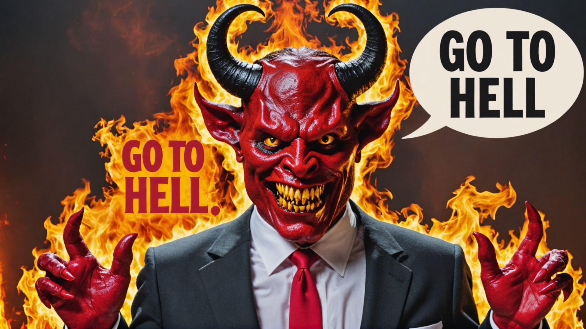 Photo of the devil wearing a suit in hell with text bubble that says "go to hell" on Tensor.Art