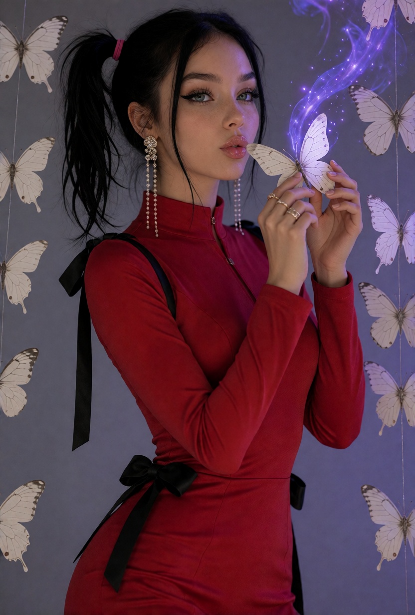 MikaX,  long black hair styled in high twin ponytails with pink hair ties and loose face-framing strands.***** women with...