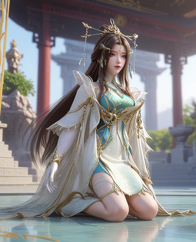 (oriental architecture, elegant decor, sophisticated style:1.1),(Leaning back, elbows on the floor,:1.1),(Medium shot:1.1),(large breasts:1.2),<lora:XL16云深不知梦云望舒少宗主服:0.95>,miss yunwangshu,white gown with tulle skirt,shawl,brown eyes,forehead mark,very long hair,traditional chinese updo with long front strands,hair ornament,jewelry,blue bandeau,white gloves,, score_9,score_8_up,score_7_up,score_6_up,score_5_up,score_4_up,3d rendering,tag1,tag2, Cinematic Lighting,backlighting,