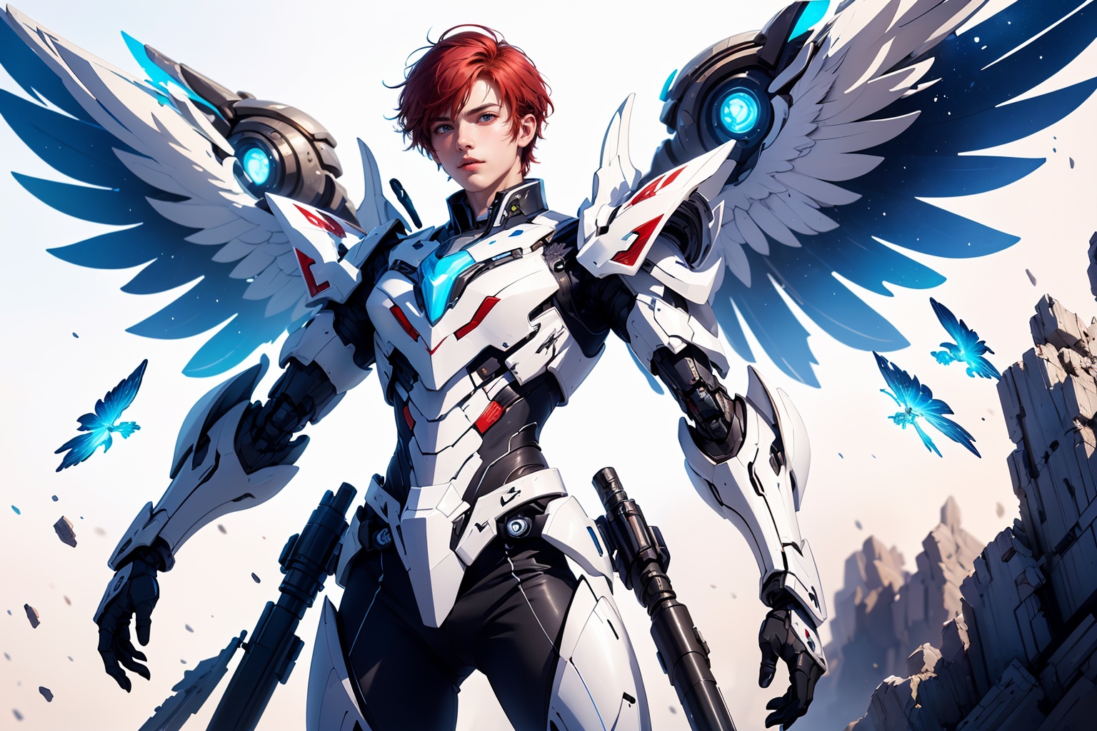 1boy,concept artwork,red hair,(a lonely solo boy:1.4),sky,wing,wings with fans,graphics card fan,strong male mecha warrior,mighty and domineering,cool mecha,32k,blue and white color scheme,white armor,white_background,standing,cowboy_shot,<lora:atai_v1s:0.8>,