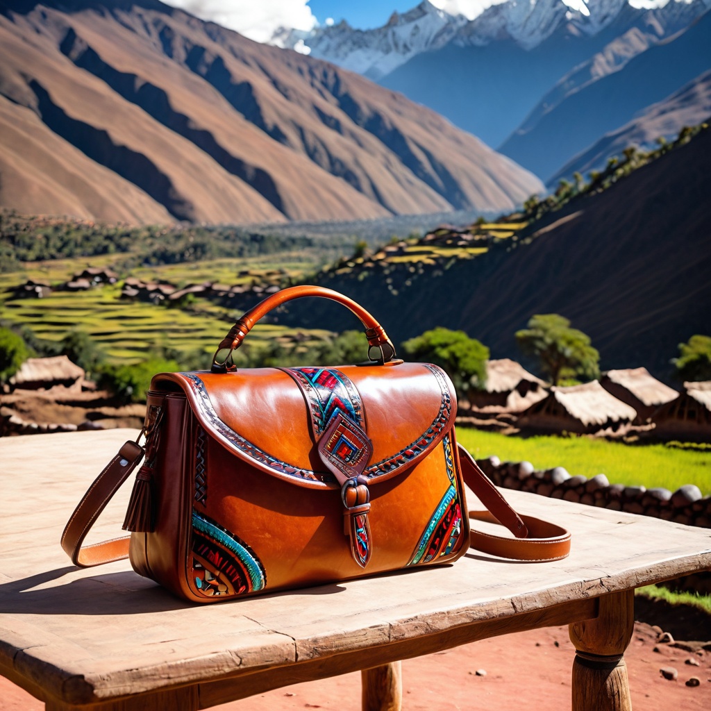 sceneandeahighl,  a leather handbag,  Andean highland village table on Tensor.Art