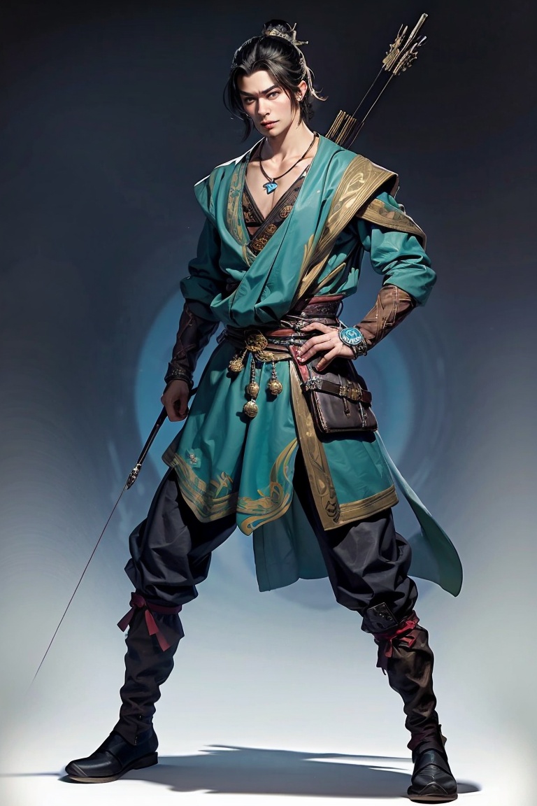JYGL 1boy arrow \(projectile\) black hair boots bow \(weapon\) full body jewelry male focus necklace solo standing sword weapon,<lora:金庸古龙20240110-1704831963137-0010:0.8>,