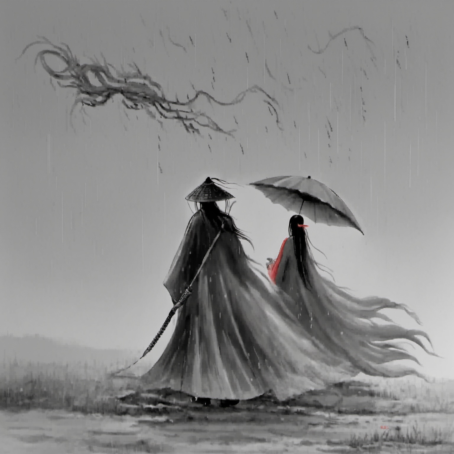 <lora:ink_xiakexing_xl:0.8>,1girl,red dress,dragon,ink painting,ink painting,a man in coir raincoat holding an umbrella in the rain with a woman in the background walking in the rain,1girl,long hair,1boy,hat,standing,monochrome,weapon,greyscale,sword,from behind,letterboxed,cloak,black hair,male focus,katana,rain,weapon on back,ajirogasa,