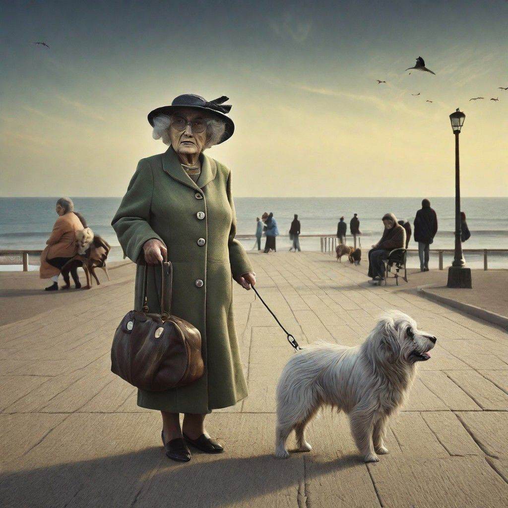 surreal old lady ,  beach promenade ,  dog pekingnese on Tensor.Art