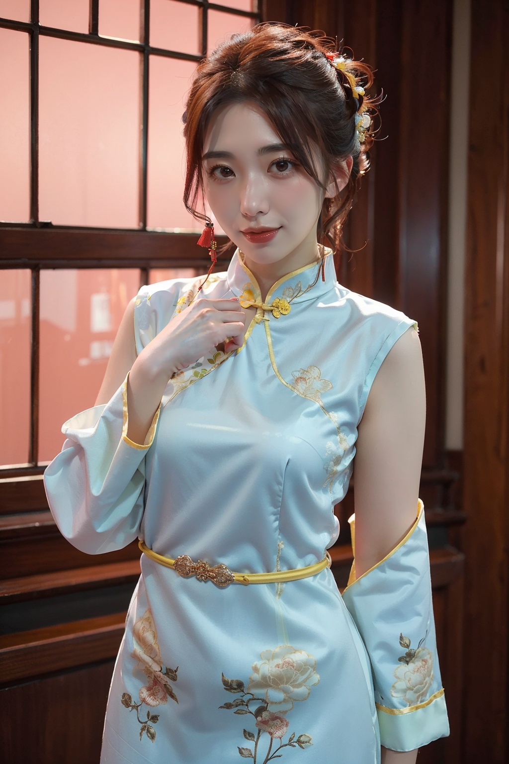 (masterpiece, best quality,top quality, photorealistic),(Good structure),DSLR Quality,1girl,solo,realistic,chinese clothes,cheongsam,cowboy_shot,<lora:aika_yamagishi-v05:0.8>,aika yamagishi,Depth of field,