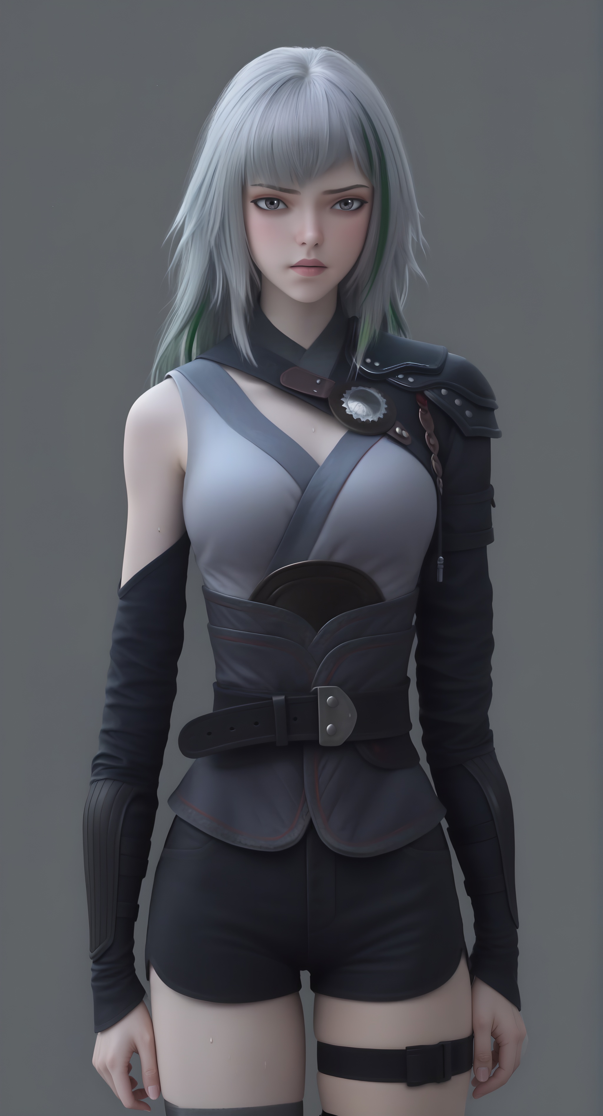 (score_9),1girl,solo,(glamor:1.2),slender,<lora:白月魁pony-v2:0.83>,long hair,(light_eyes:1.1),(gray eyes),grey hair,(green streaked hair),streaked hair,baiyuekui,asymmetrical clothes,chest medallion,single pauldron,waist armor,waist belt,shorts,thigh strap,single thighhigh,front view,BREAKsweat,sweatdrop,very sweaty,simple background,(gray background),masterpiece,best quality,absurdres,highres,hd,eyelashes,eyes,perfecteyes,realistic,