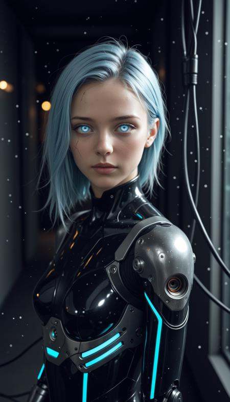 masterpiece, best quality, amazing quality, very aesthetic, high resolution, ultra-detailed, absurdres, scenery, realistic, photo, dramatic shadows, 1girl, solo, cyborg, clothed, young cyborg woman, crack on face, (glowing blue hair:1.2), blue eyes, (glowing eyes:1.3), neon, (mechanical parts, high-tech futuristic black blue cybernetic bodysuit:1.2), detailed full cyborg body parts, (metal body, mechanical limbs, mechanical arms, cables, part lines:1.2), blue lights, cinematic portrait photo, portrait, face focus, dutch angle, (light particles:1.2), low cinematic lighting, cyberpunk, cyberpunk background, BREAK, detailed eyes, depth of field, photorealistic details
