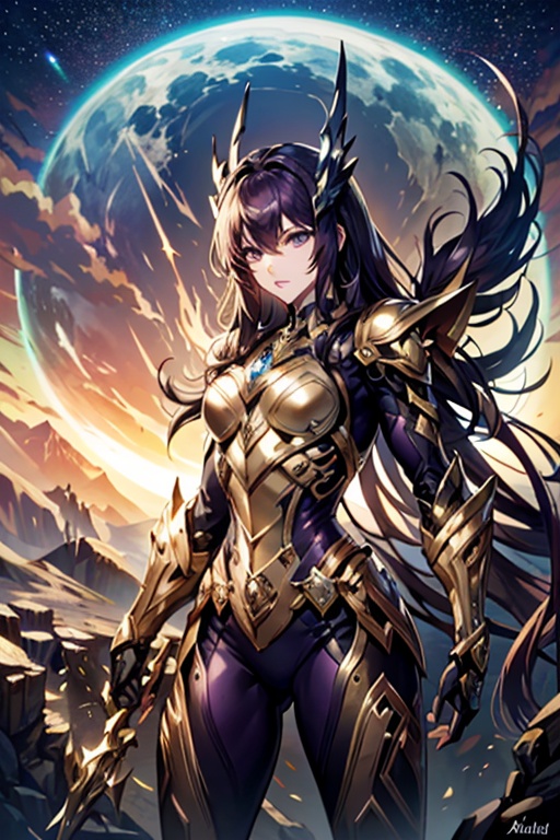 <lora:Hxarmour_00703:0.8>,Action scene,, hxarmour,1girl,(dark purple armour:1.3),Steampunk City Mountain Adventure,Amphibian,Stargazing,Celestial Sphere,