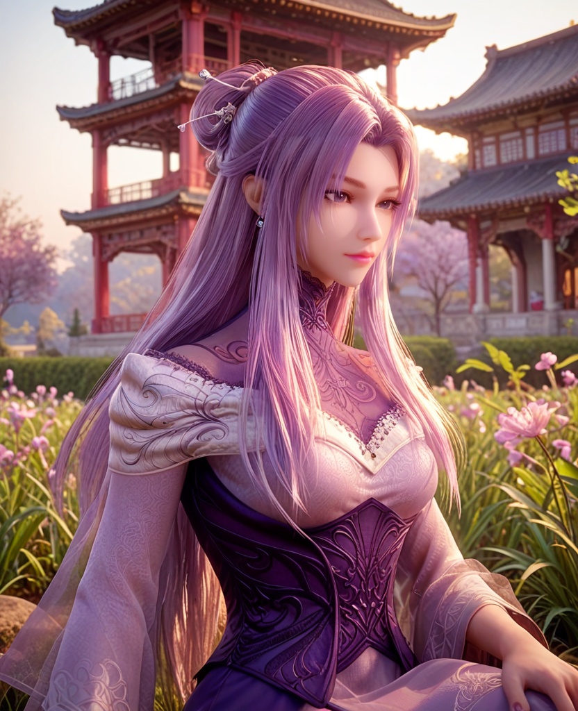 (oriental architecture, elegant decor, sophisticated style:1.1),(Sitting on the grass, leaning back on hands,:1.1),(breasts:1.2),<lora:XL秦时明月紫女仕女服:0.95>,1girl,dress,long hair,purple hair,purple eyes,corset,hair bun,hair ornament,hairpin,medium breasts,, score_9,score_8_up,score_7_up,score_6_up,score_5_up,score_4_up,3d rendering,tag1,tag2, Cinematic Lighting,backlighting,