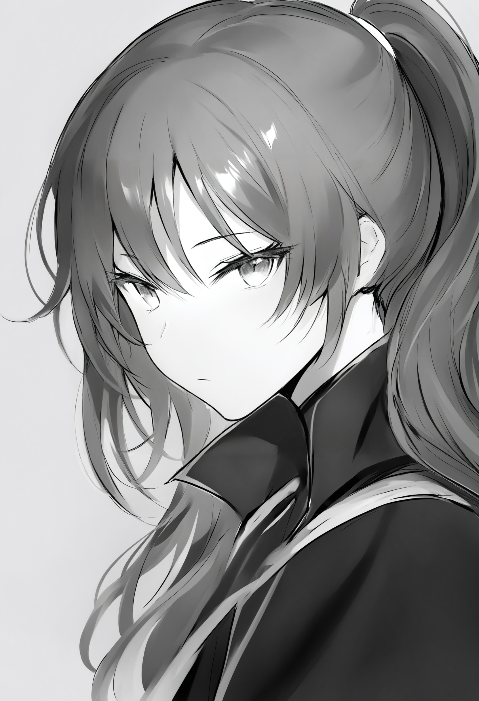 best quality, masterpiece,1girl, monochrome, solo, greyscale, simple background, looking at viewer, ponytail, white background, long hair, hair between eyes, portrait, closed mouth, eyelashes, expressionless, looking to the side ,_背景<lora:lpmyaXLlokr4f-000143:1>