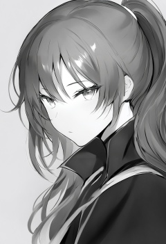 best quality, masterpiece,1girl, monochrome, solo, greyscale, simple background, looking at viewer, ponytail, white background, long hair, hair between eyes, portrait, closed mouth, eyelashes, expressionless, looking to the side ,_背景 <lora:lpmyaXLlokr4f-000143:1>