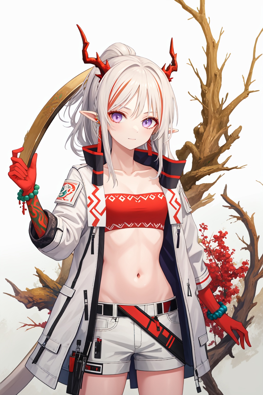 <lora:年-000010:1>,a girl named arknian,arknian,1girl,tube top,tail,strapless,jewelry,bandeau,open clothes,midriff,navel,red bandeau,bracelet,jacket,bead bracelet,crop top,stomach,, (masterpiece,best quality,high quality:1.4),absurdres,