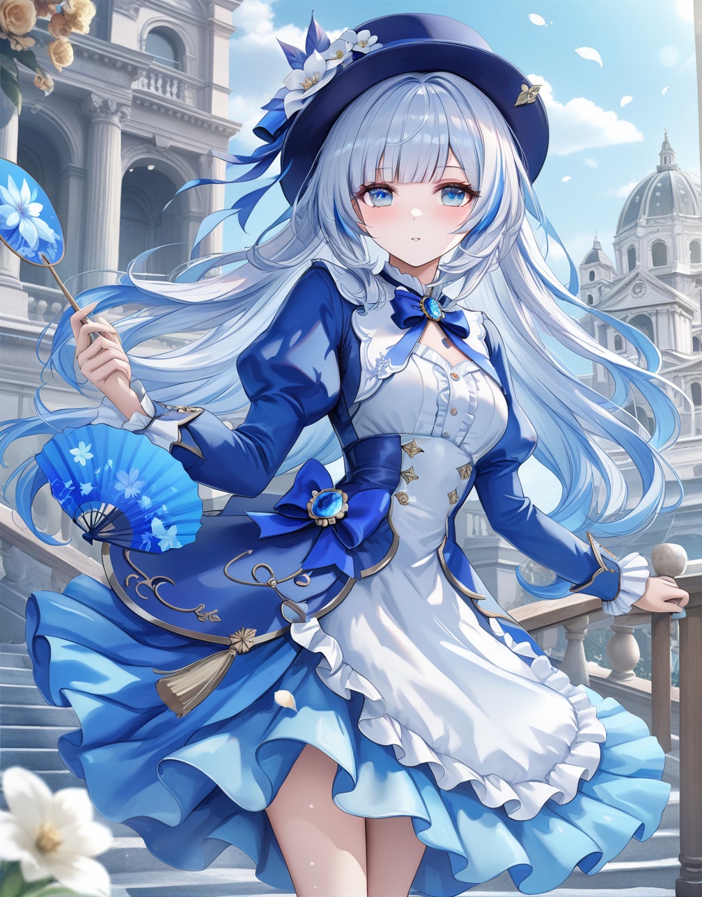 0,jw,Torino,Noyu,Girl, dress, blue eyes, solo, flowers, hat, white flowers, long hair, bangs, handheld, bow, looking at the audience, blue ribbon, puffy sleeves, white hair, ruffles, long sleeves, Shenghu Linghua, straight bangs, hat, feet outside the frame, white dress, holding a fan, blue dress, blue hair, blush, standing, fan, chest, sky, (UHD), anatomically correct, textured skin, super detail, high details, award-winning, best quality, high quality, retina, 16k, HD, 1080P, 8k