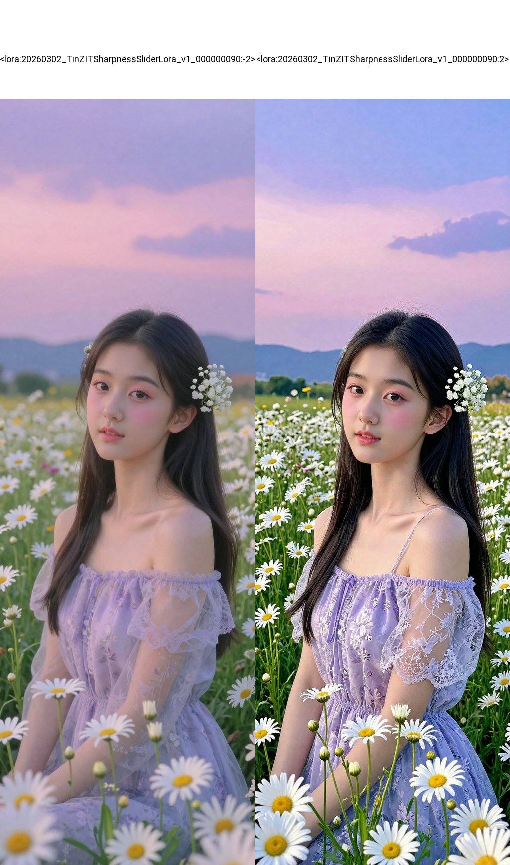 <lora:20260302_TinZITSharpnessSliderLora_v1_000000090:-2>, This is a high-resolution photograph capturing a young Asian woman in a serene, sunlit field of blooming daisies. The woman, likely in her early twenties, has long, straight black hair adorned with delicate, white baby's breath flowers. Her skin is smooth and fair, with a natural, radiant complexion. She is dressed in a light, off-shoulder, purple dress with sheer, lace-like sleeves and a subtle floral pattern, which complements the surrounding flowers. Her makeup is minimal but accentuates her eyes with a soft, pink blush and subtle eyeliner, giving her a fresh, natural look. The background features a vast expanse of daisies in various stages of bloom, with some flowers fully open and others still in bud, creating a lush, vibrant field. The sky is a beautiful gradient of soft pinks and purples, transitioning into a deeper blue as it reaches the horizon, suggesting either dawn or dusk. In the distance, rolling hills or mountains are faintly visible, adding depth to the scene. The overall mood is peaceful and ethereal, with the woman appearing almost like a serene spirit among the flowers.