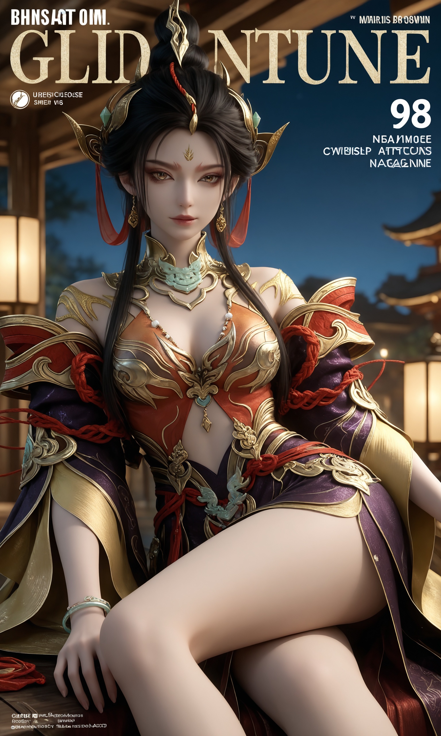 <lora:永劫无间-南宫锦-华锦IL:0.8>,1girl,black hair,long hair,hair bun,hair bun,golden ornaments,braids,high collar,breasts,jewelry,gold, red, and purple dress,golden footwear,bare legs,clothing cutout,earrings,bracelet,chinese clothes,, score_9,score_8_up,score_7_up,source_anime,night,dark environment,Blend swirling,whirlpool-like patterns of intense and contrasting colors,with spiraling motions and chaotic color interactions,highly detailed,ultra-high resolution,32K UHD,sharp focus,best-quality,masterpiece,Emotionalization,golden hour,unconventional supreme masterpiece,masterful details,temperate atmosphere,with a high-end texture,in the style of fashion photography,magazine cover,Dynamic Angle,Dynamic posture,