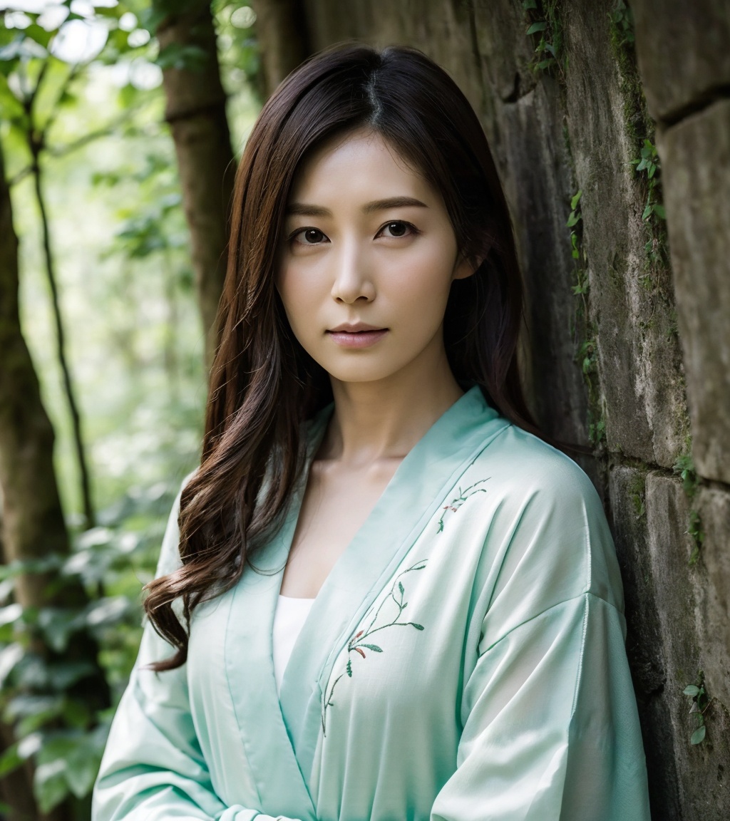 <lora:aki-000010:0.85>,aki,(portrait),realistic,1girl,solo,(looking at viewer),(closed mouth),traditional see-through robe,sage green fabric,fabric texture,flowing sleeves,cross-collar design,minimalist embroidery,organic texture,muted botanical colors,nature,forest,glowing,lush greenery,dreamy and serene atmosphere,soft lighting,outdoor setting,tranquility,natural beauty,serene natural harmony,dreamy natural light,