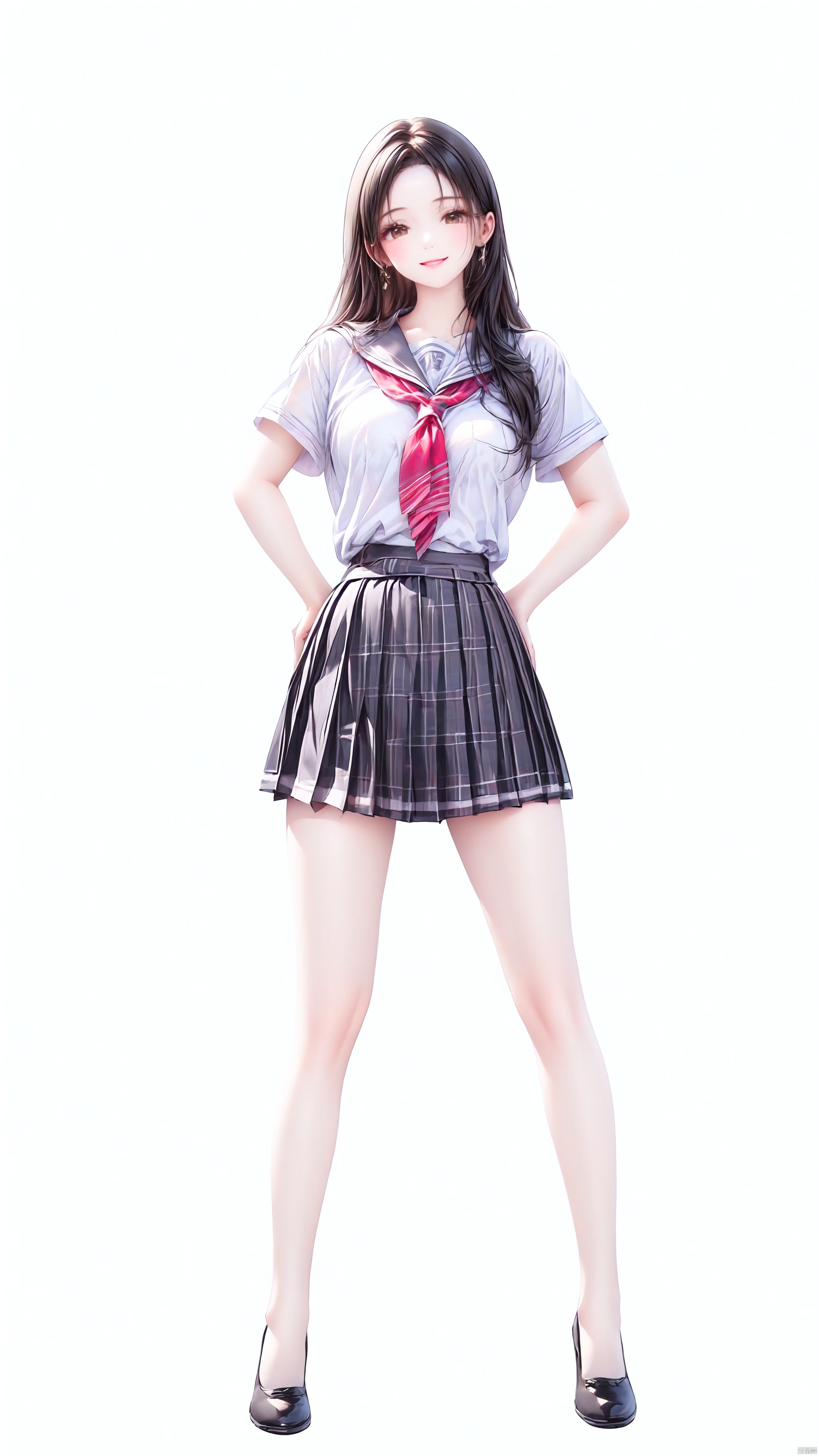 ——1girl, solo, long hair, looking at viewer, smile, skirt, simple background, shirt, black hair, white background, brown eyes, school uniform, standing, full body, white shirt, short sleeves, pleated skirt, shoes, black footwear, lips, plaid, plaid skirt, Medium breast————Medium breast,Beautiful Legs——Hands on the hips.——shuijingxie,smile——(Dynamic Pose: 1.5)——Clear hand contour,Hand intact,Five fingers of the hand are clear——1girl, ——, 1girl<lora:EMS-93-EMS:0.800000>, <lora:EMS-27162-EMS:0.300000>, <lora:EMS-254762-EMS:0.500000>, <lora:EMS-69165-EMS:0.500000>, <lora:EMS-368368-EMS:0.800000>