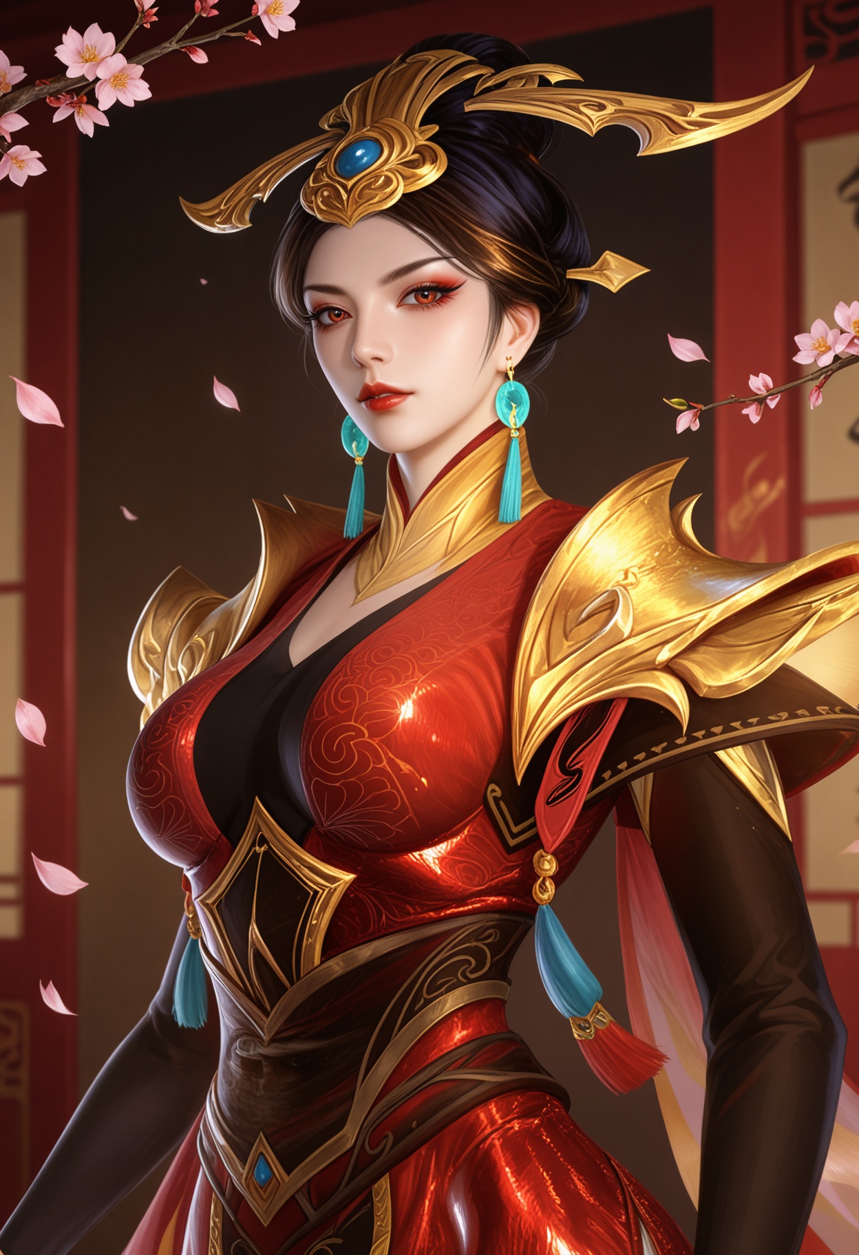 (upper_body:1.2),looking at viewer:1.1,masterpiece,(best quality),smog,Dark room,dim lighting,peach blossom,falling petals,<lora:YQ_Illustrious光辉v5_芈月_V1:0.8:lbw=1,1,1,1,1,1,1,1,1,0.8,0.8,0.1>,q1528437228,1girl,earrings,jewelry,solo,hair ornament,dress,red dress,makeup,red lips,brown hair,black hair,armor,eyeshadow,chinese clothes,long sleeves,shoulder armor,brown eyes,red eyes,hair bun,single hair bun,tassel,