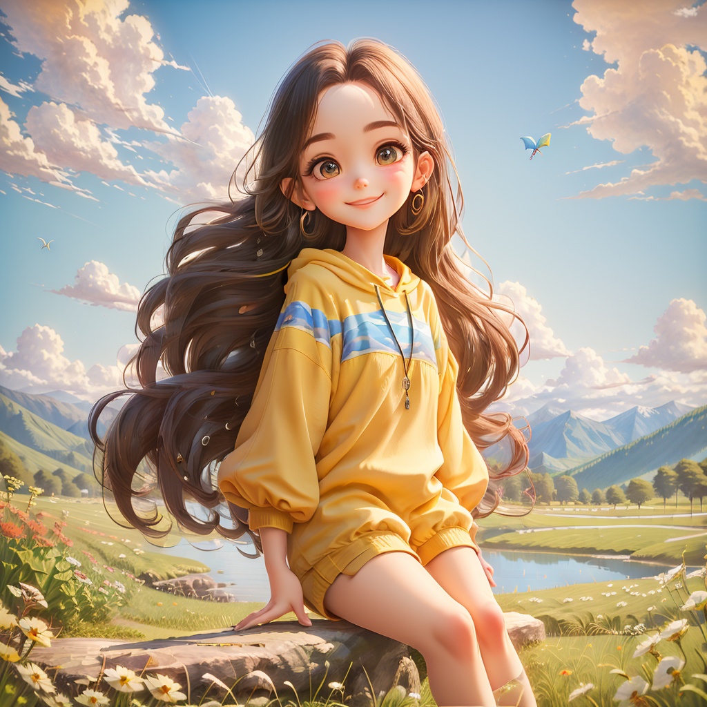 1girl,yapi,smile,long hair,earrings,countryside,Mill,lake,kite,in a meadow,mountains,blue sky,white clouds,